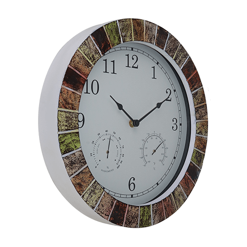 14 Inch All-in-one Weather Station Outdoor Stone Textured Clock multi Tan stone color HYW285 B2