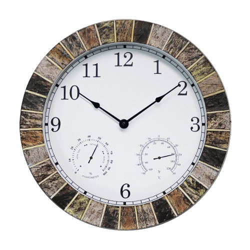 14 Inch All-in-one Weather Station Outdoor Stone Textured Clock multi Tan stone color HYW285 E