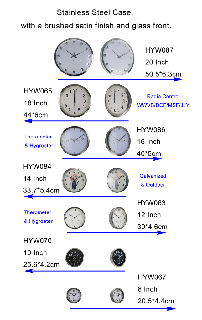 GardenABC stainless steel clock in a wide variety of sizes